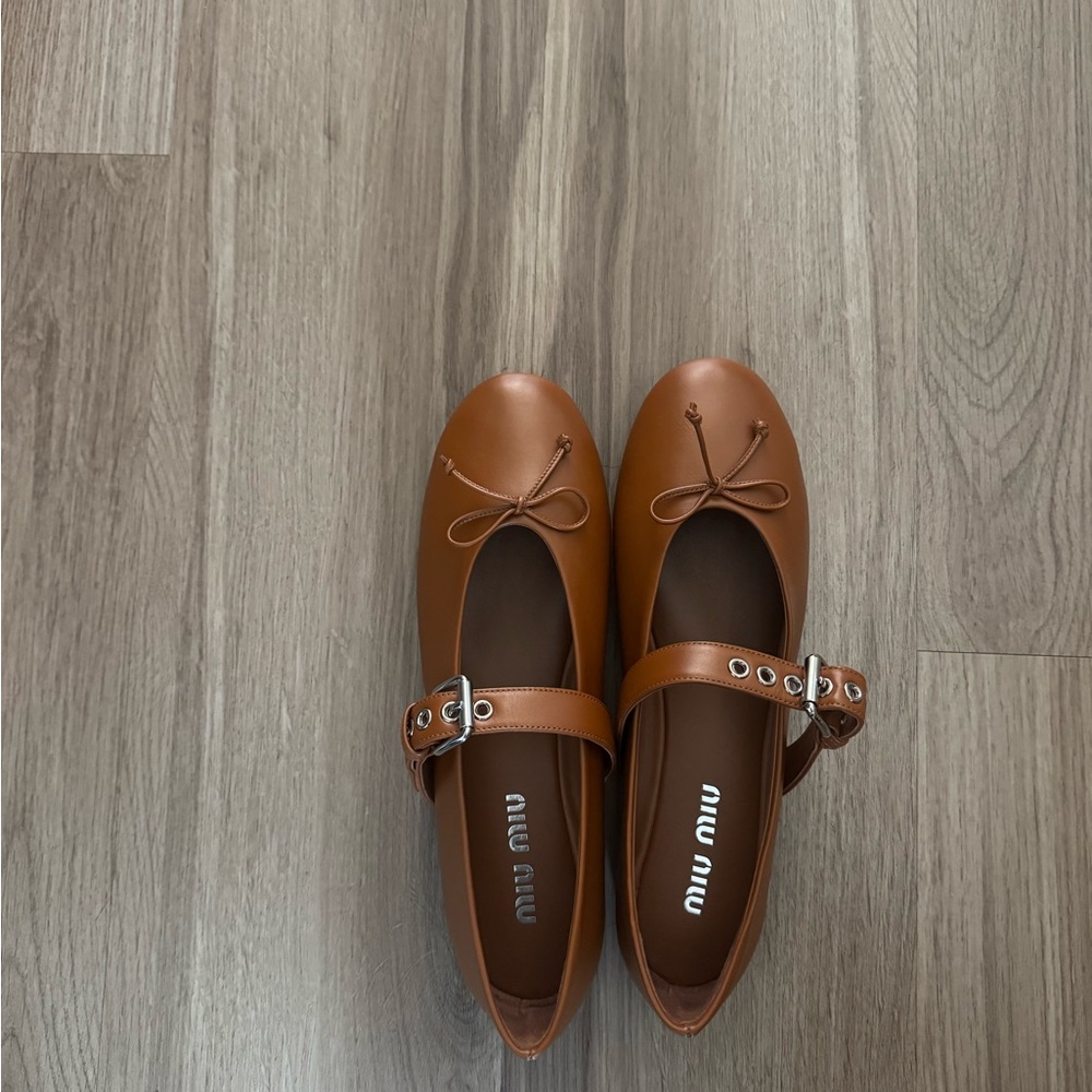Miu Miu Tan Leather Flats with Strap